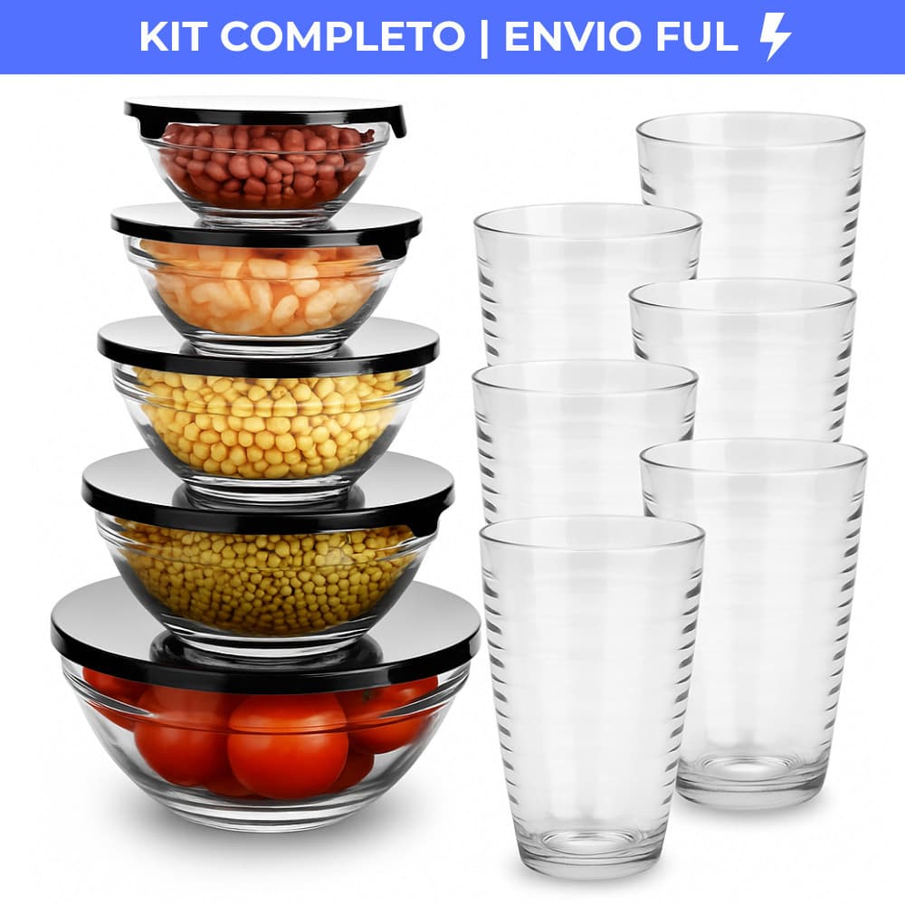 Kit Conjunto De Potes 5 Peças Vidro e 6 Copos Arizona 200ml Transparente