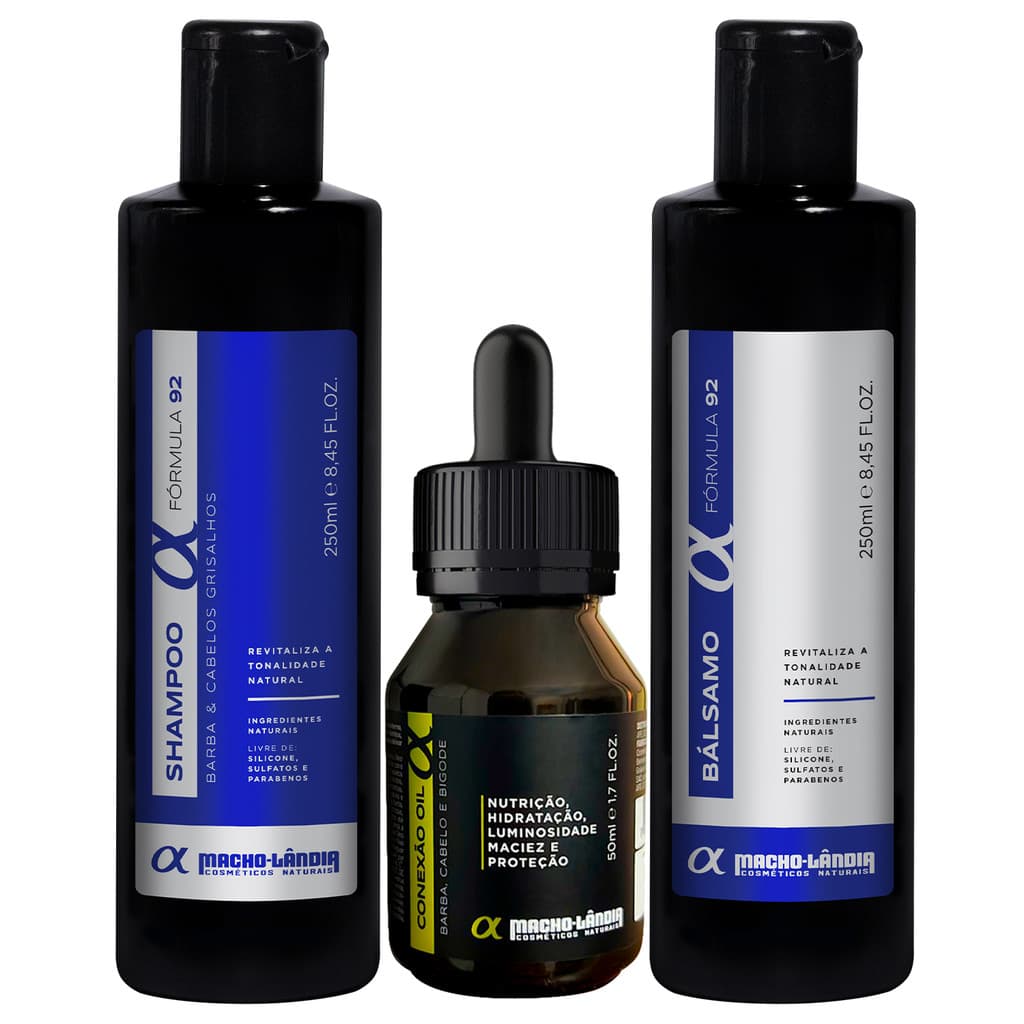Kit Masculino Macho-Lândia de Barba Grisalha Óleo Conexão Oil 50ml + Shampoo e Bálsamo Fórmula 92 Fios Grisalhos 250ml