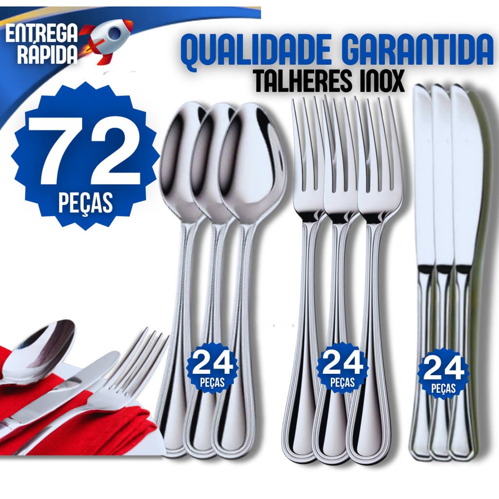 Jogo 72 Talheres 100% Inox 24 Garfo 24 Faca 24 Colher Premium Cozinha Casa Buffet Restaurante Qualidade