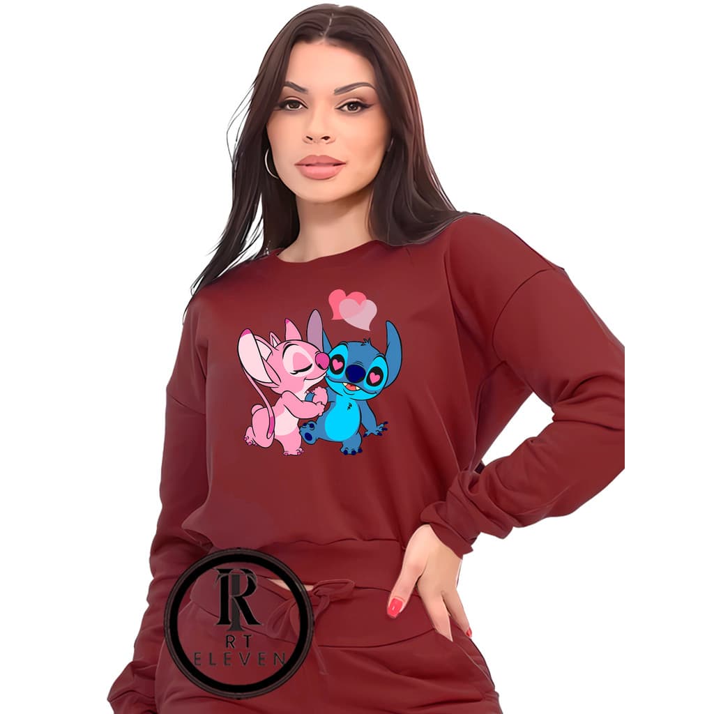 Moletom Feminino Lilo e Stitch casal apaixonados Modelo Gola Careca Blusa de frio Linha Premium 2025 Lançamento