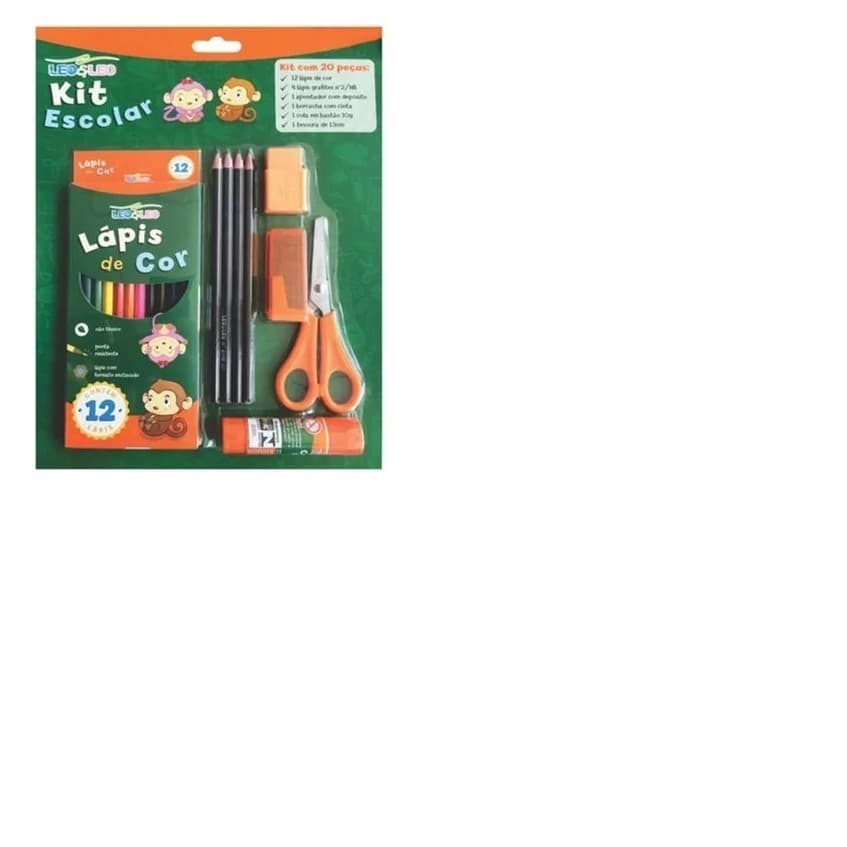 Kit Escolar Leo Leo 20 Peças Lápis De Cor Cola Borracha