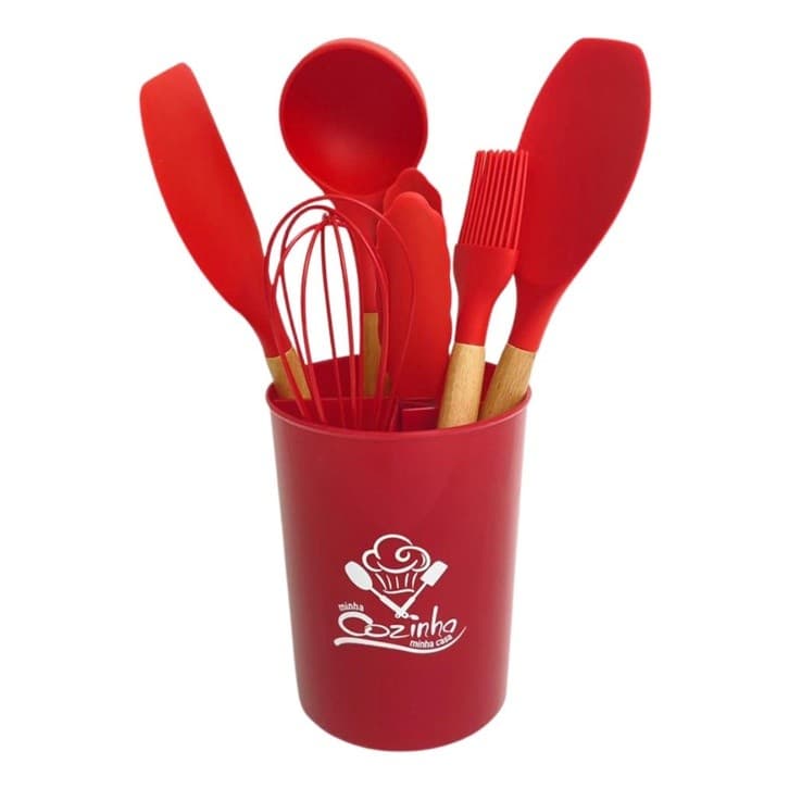 Jogo Utensílios de Cozinha em Silicone Madeira 7 Peças Vermelho