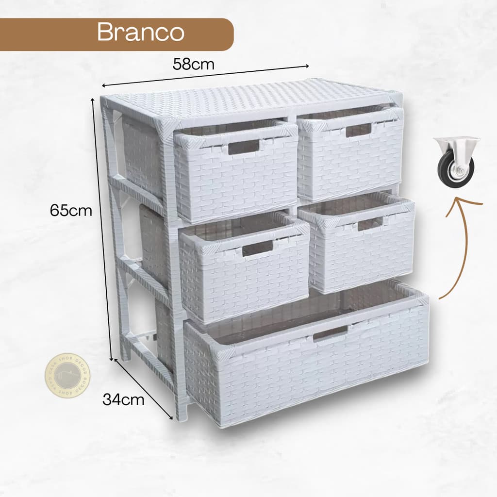 Gaveteiro Sintético Organizador Artesanal 5 Gavetas c/rodinhas 58x34x65 - Quarto, Banheiro, Luxo