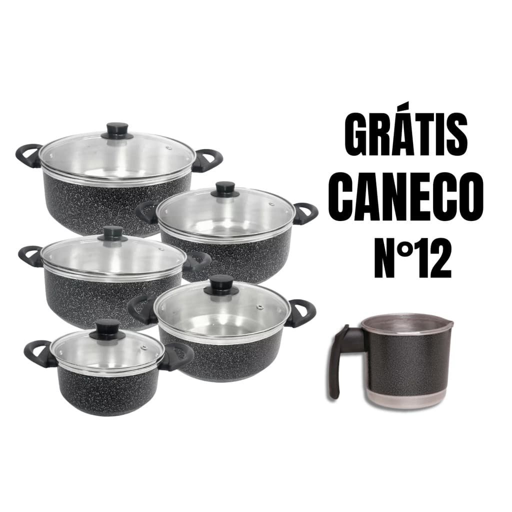 Kit Panelas de Alumínio com Caneco e Tampa de Vidro - Jogo 6 peças