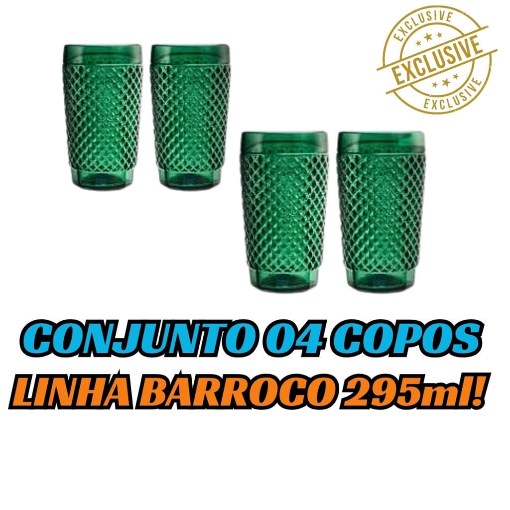 Jogo de 04  Copos  Barroco cor VERDE  copos de 295ml