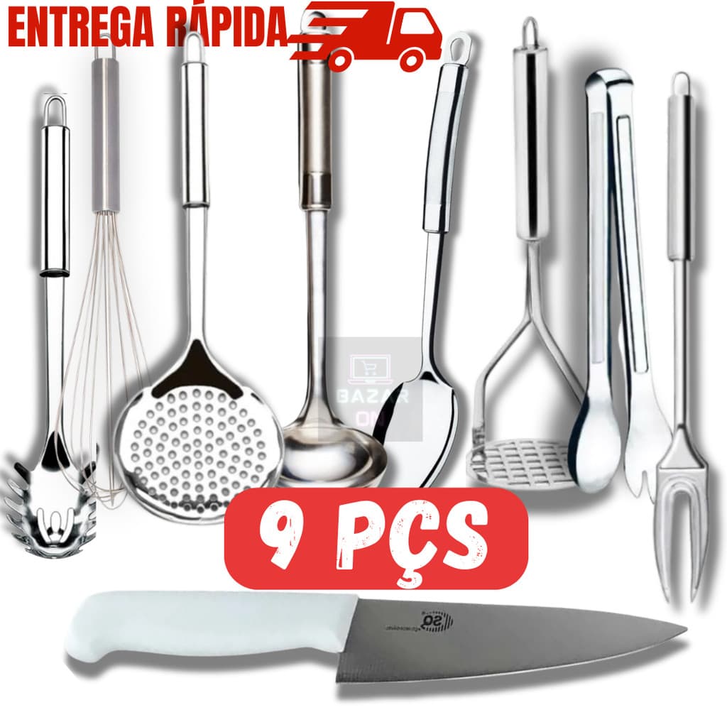 Jogo De Utensílios Cozinha Kit Completo Conjunto Com 9 Peças Em Inox Concha Escumadeira Espátula