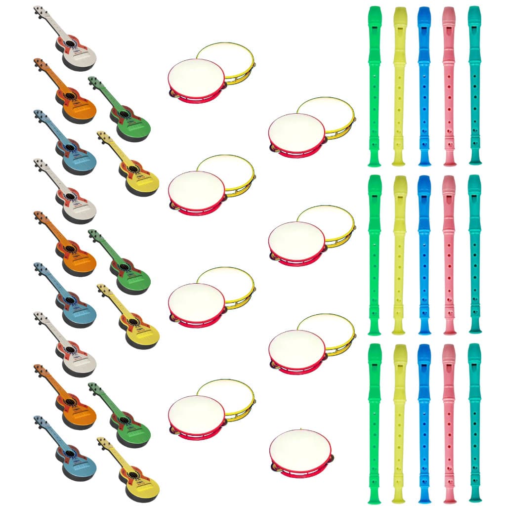 Kit 15 Viola Infantil 15 Pandeiro 15 Flauta Brinquedo Instrumentos Musicais Violão Flautinha