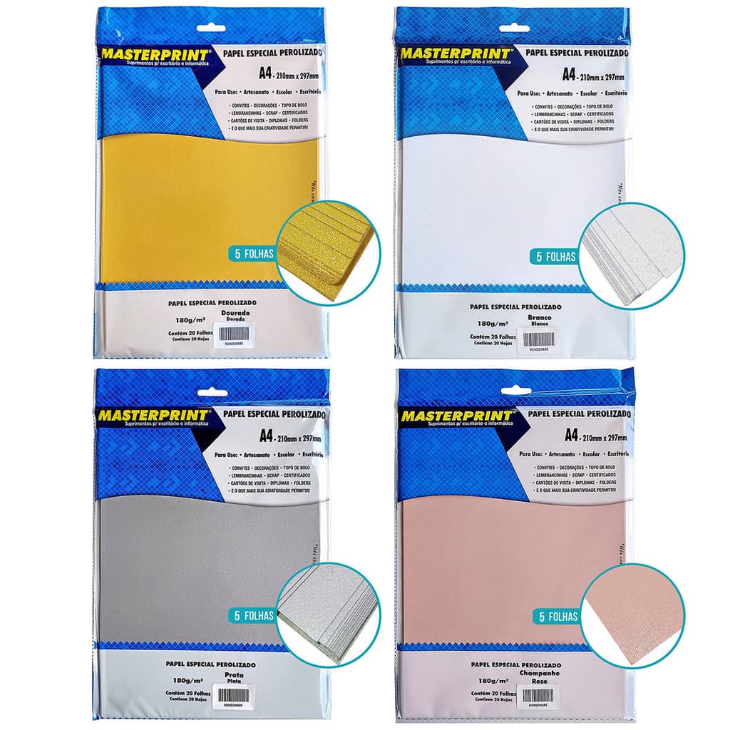 Papel Perolizado A4 180g Perolado Artesanato 20 Folhas Masterprint