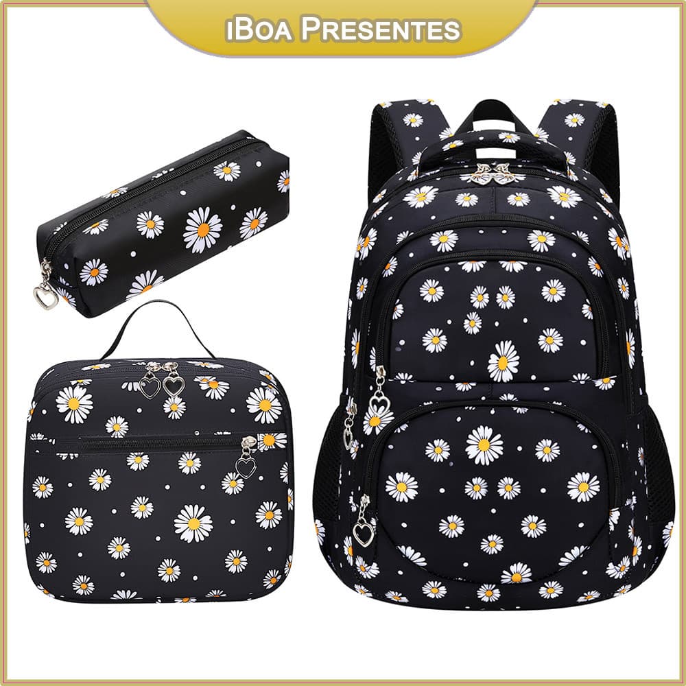 Mochila Feminina Impermeável De 3 Peças Com Estampa De Margaridas Bolsa Escolar De Grande Capacidade Mochila Escolar