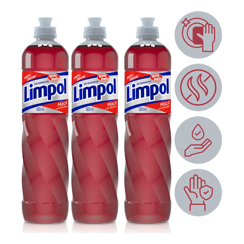 Kit 3 Detergente Liquido Glicerina Maca Limpol Bombril 500ml