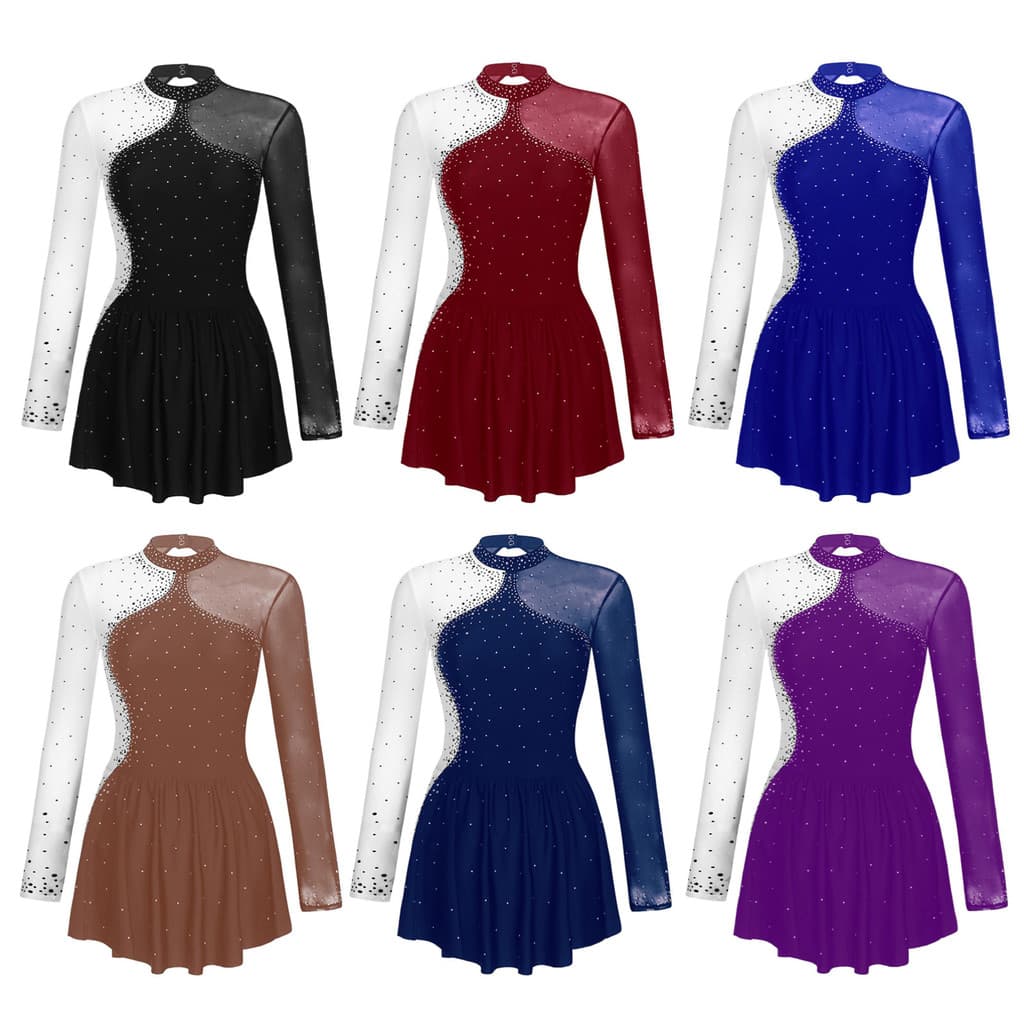 Aislor # S-XXL Vestido Feminino Brilhante De Strass Para Patinação Artística , Cor Contrastante , Malha Transparente , P