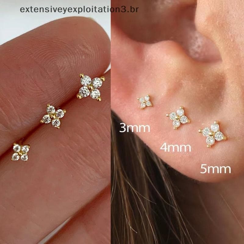 EP-Fashion 3 Pçs/Set Quatro Pétalas Zircão Flor Brincos Conjunto Para Mulheres Pequeno Clássico Versátil Piercing 3/4/5m