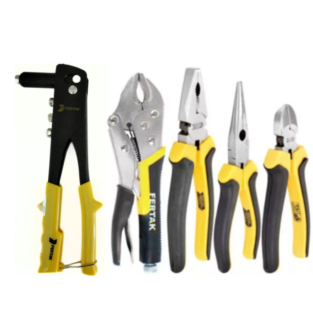 Kit- 1 Alicate Universal 8" Pol + 1 de Corte 6"+1 Meia Cana 6"+1 Pressão 10"+1 Rebitador 10" Fertak