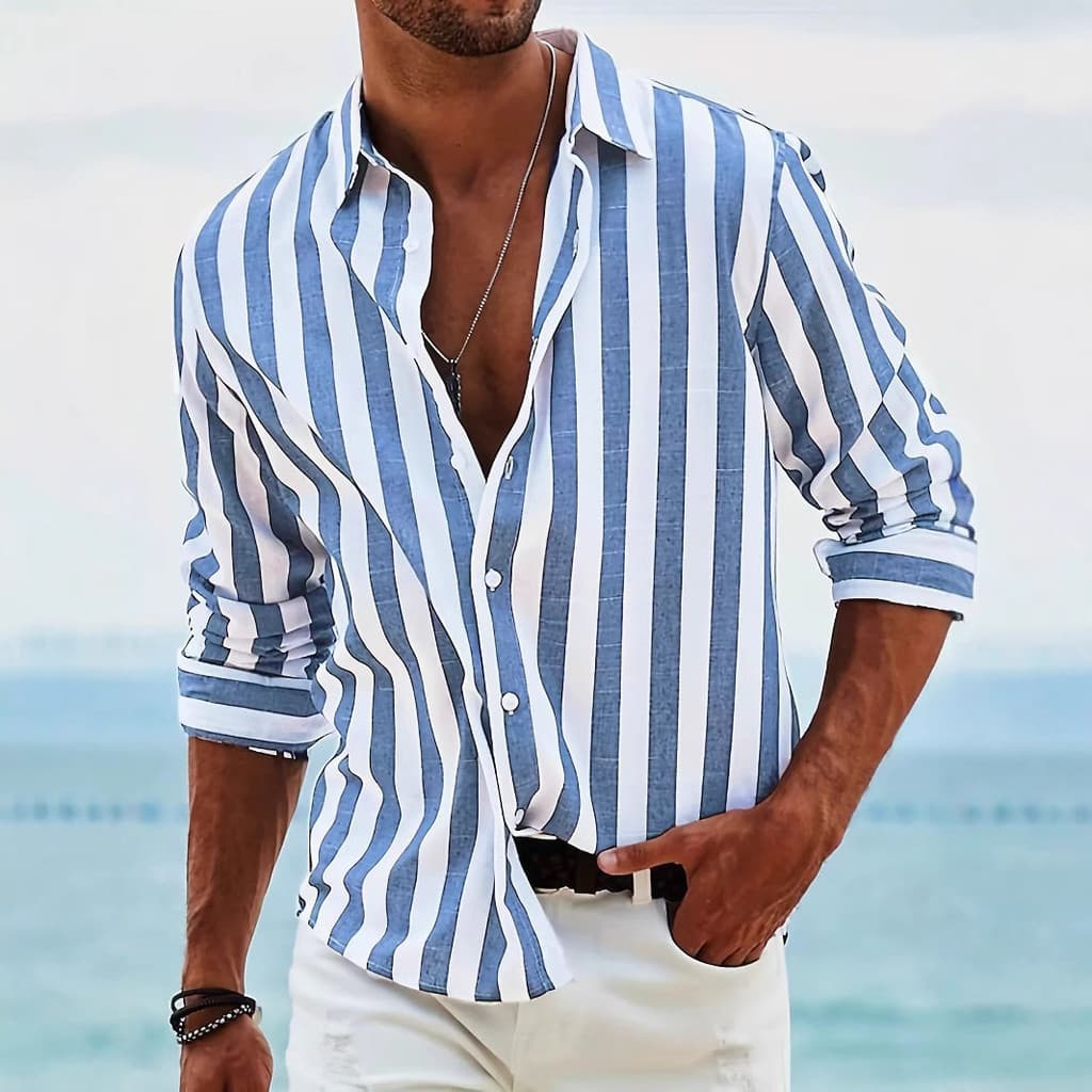 Camisa masculina Casual diária tingida com lapela listrada e manga comprida