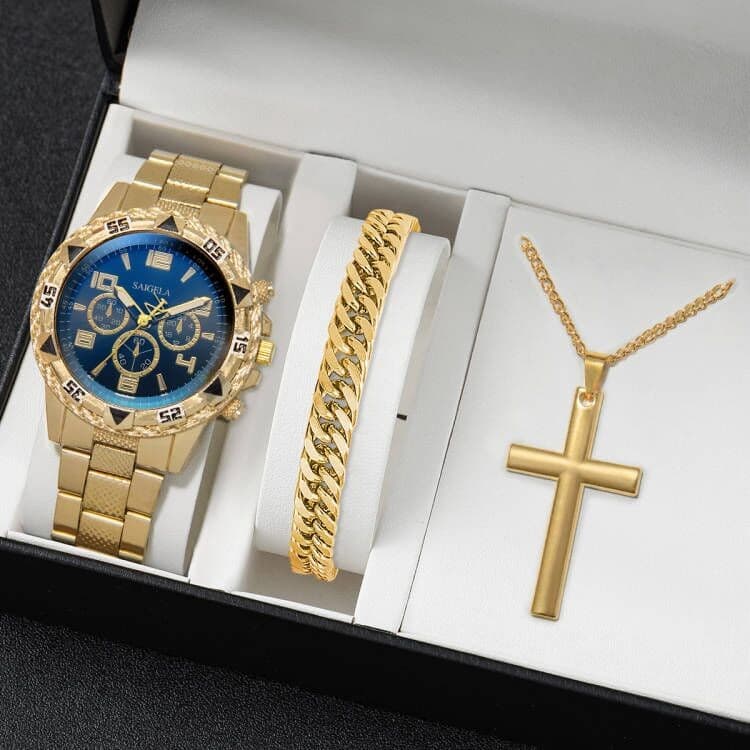 Relógio 3 Pcs Masculino Dourado de Quartzo com Pulseira de Ouro e Colar com Cruz