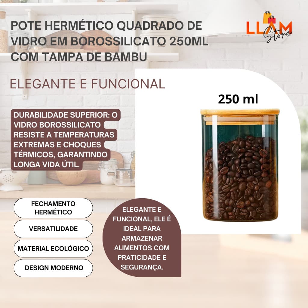 Pote Hermético Quadrado de Vidro em Borossilicato 250ml com Tampa de Bambu