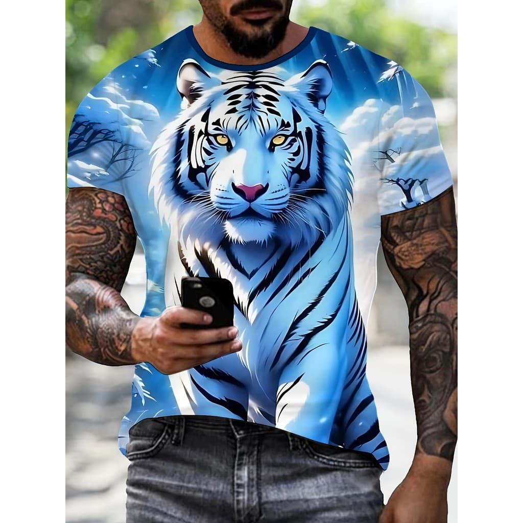 Camiseta Masculina Com Estampa De Tigre Branco 3D Casual Manga Curta Top De Verão
