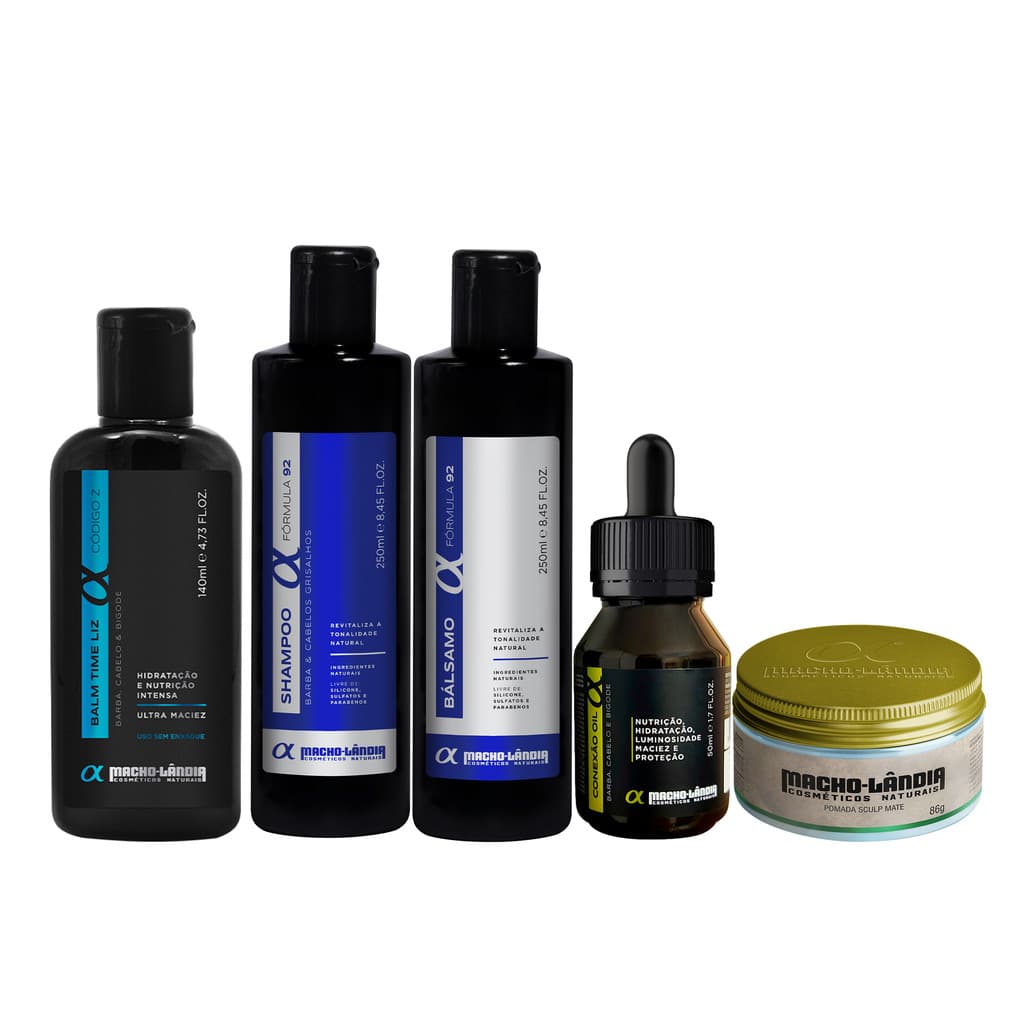 Kit Completo Barba Branca Macho Lândia Fórmula 92 Shampoo Bálsamo Balm Óleo e Pomada Matte Efeito Seco Hidratação