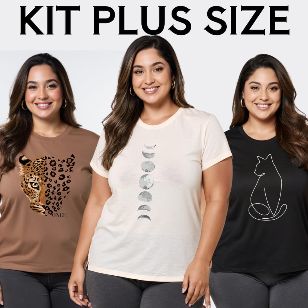 Kit 3 Camisetas Plus Size Feminina De Algodão Gatinho Flores Onca da Lua Tumblr Premium T-Shirts