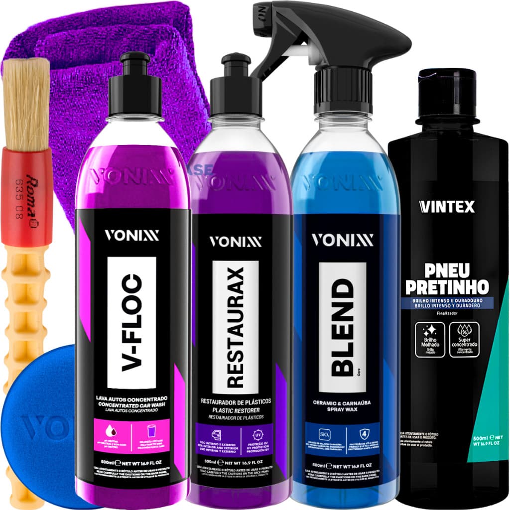 Kit Shampoo V-Floc Cera Blend Spray Pneu Pretinho Restaurax Vonixx