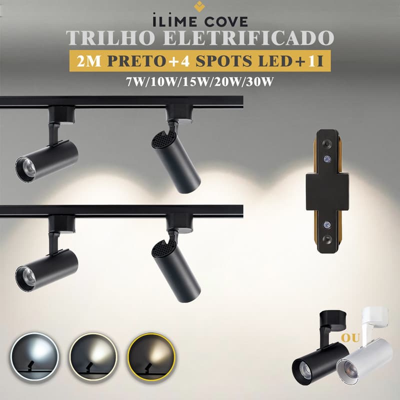Luxuoso Spot LED Trilho Eletrificado Kit 2Metors + 4Spots um Tipo I Cor Preto Branco Bivolt 7W a 30W