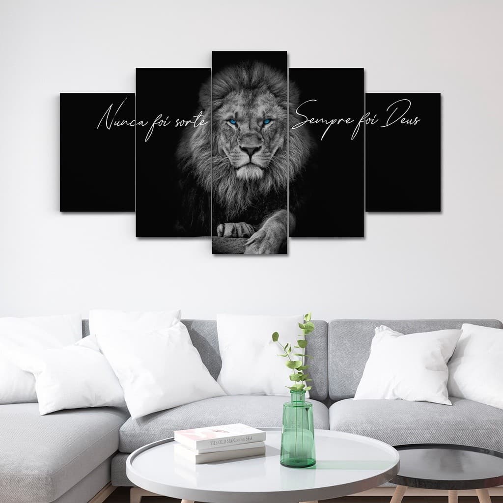 Quadro Mosaico Leão de Judá Decorativo Sala Nunca Foi Sorte Sempre Foi Deus PRETO E BRANCO