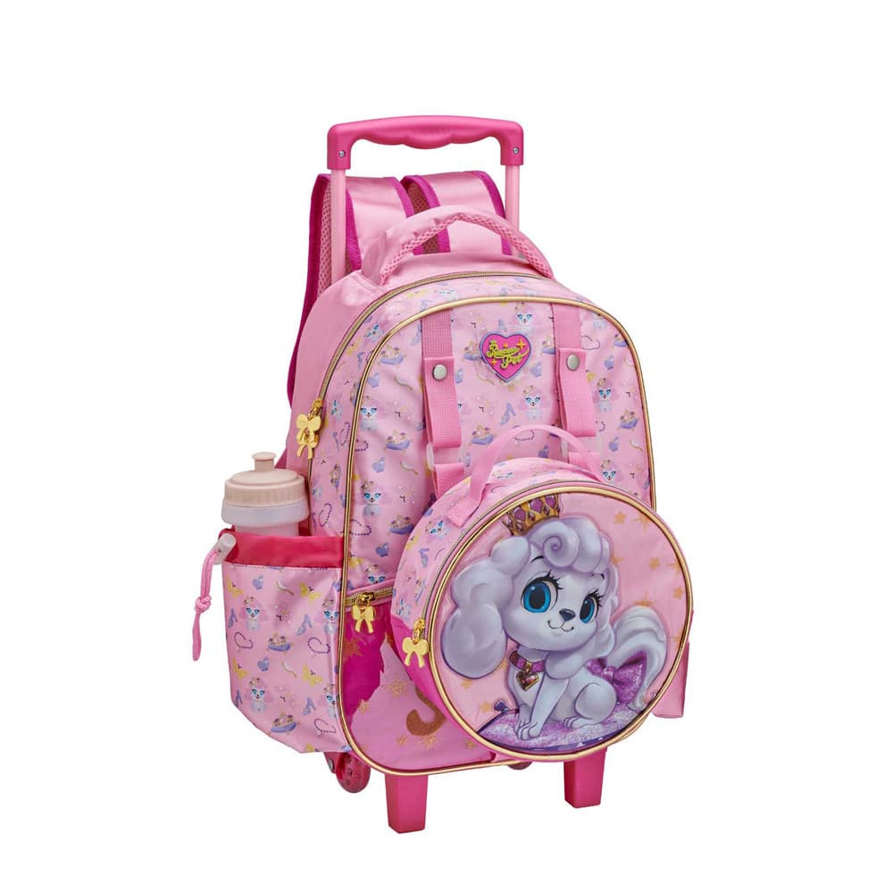 Mochila grande infantil com rodinha lancheira presa fuseco cachorrinha PET Sweety