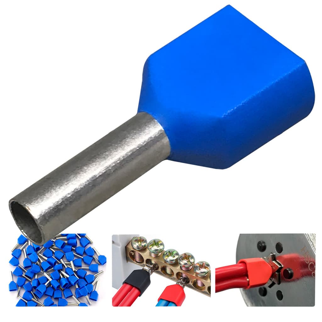 Kit 100 Terminal Tubular Ilhós 2,5mm Duplo Pre isolado Tubo Conector Elétrico para Cabos e Fios Azul