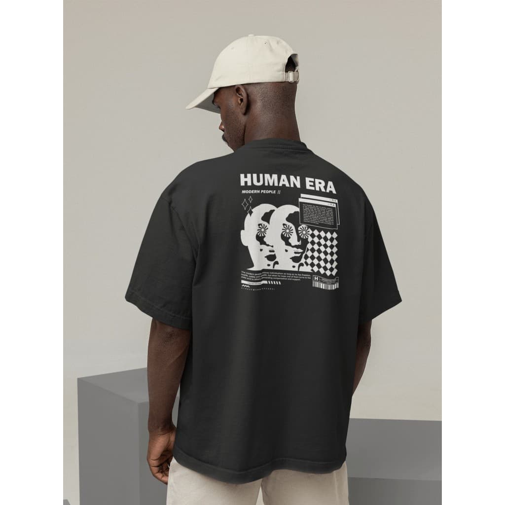 Camisa Camiseta Oversize Streetwear Masculino e Feminino para Treino e Dia a Dia Preto e Off Whte Estampado - HUMAN ERA