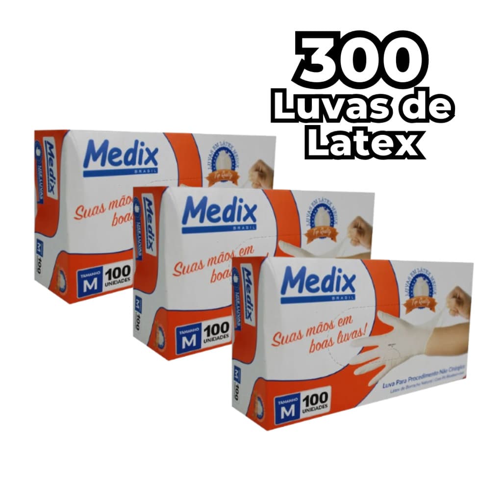 Medix Luvas de Látex com Pó Brancas - 300 Unidades, Ambidestras, Não Estéreis - Tamanhos PP, P, M, G