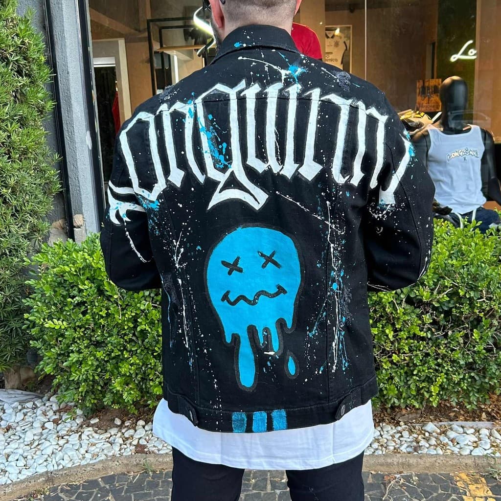 Jaqueta Jeans Smiley Ghost Preta - Personalizada a Mão