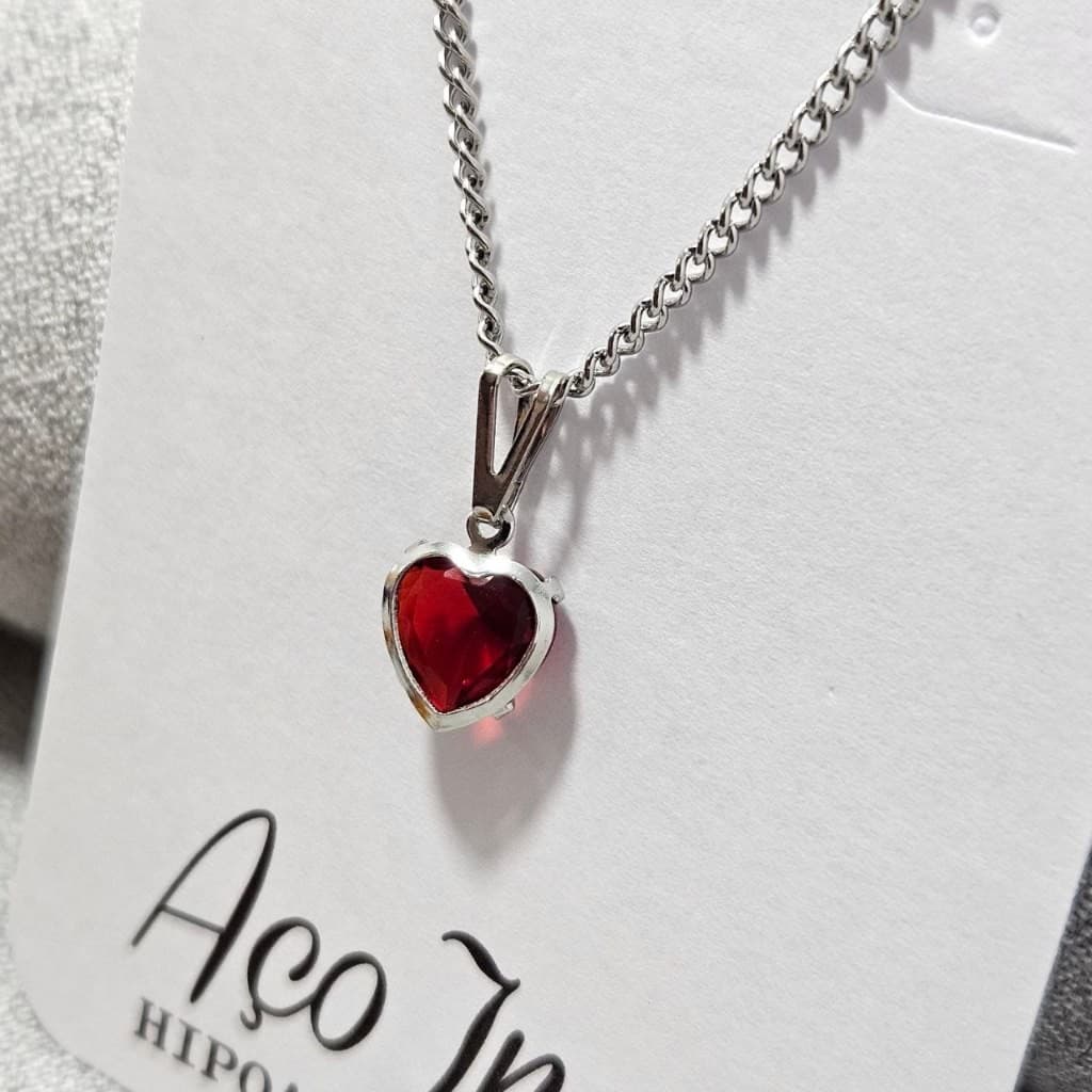 Colar Coração Feminino Pedra Zircônia Vermelho  Aço Inox