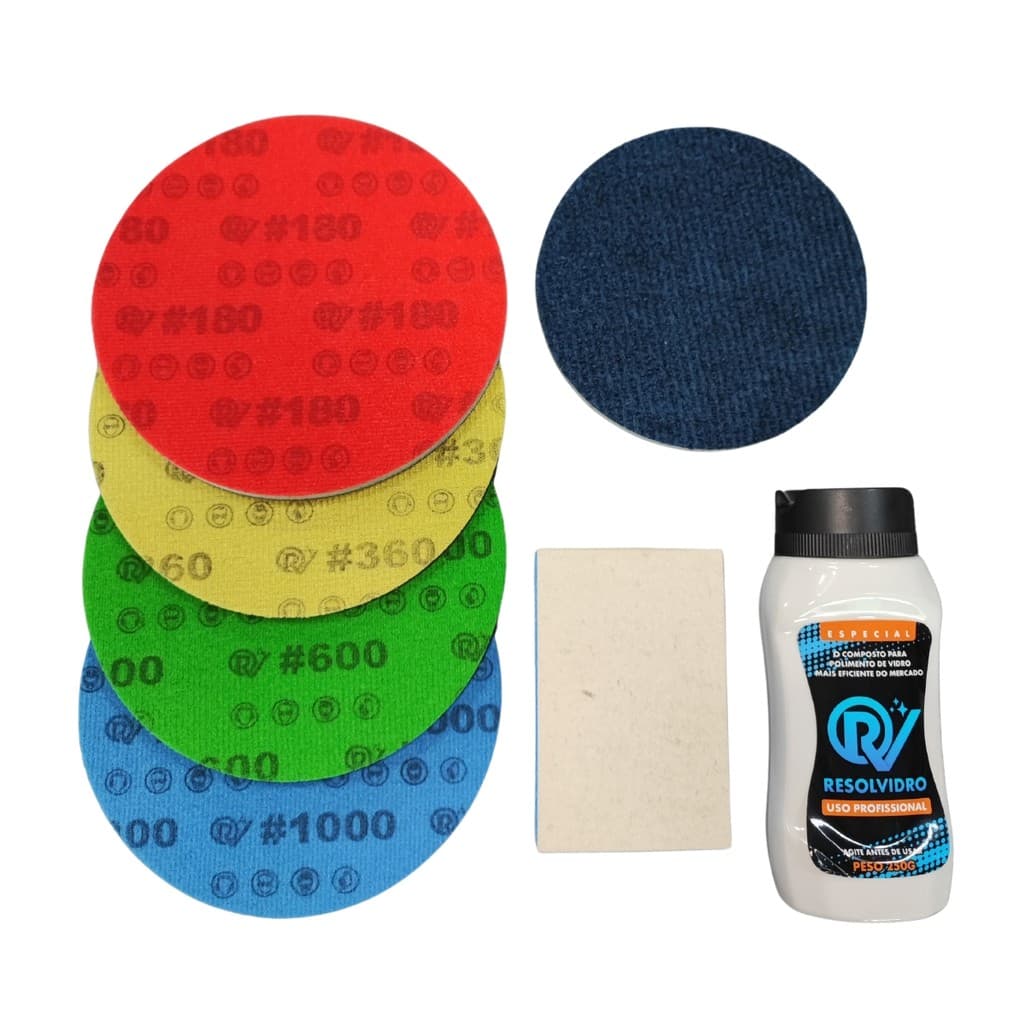 KIT POLIMENTO DE VIDROS COMPOSTO TACO BOINA E LIXAS RESOLVIDRO
