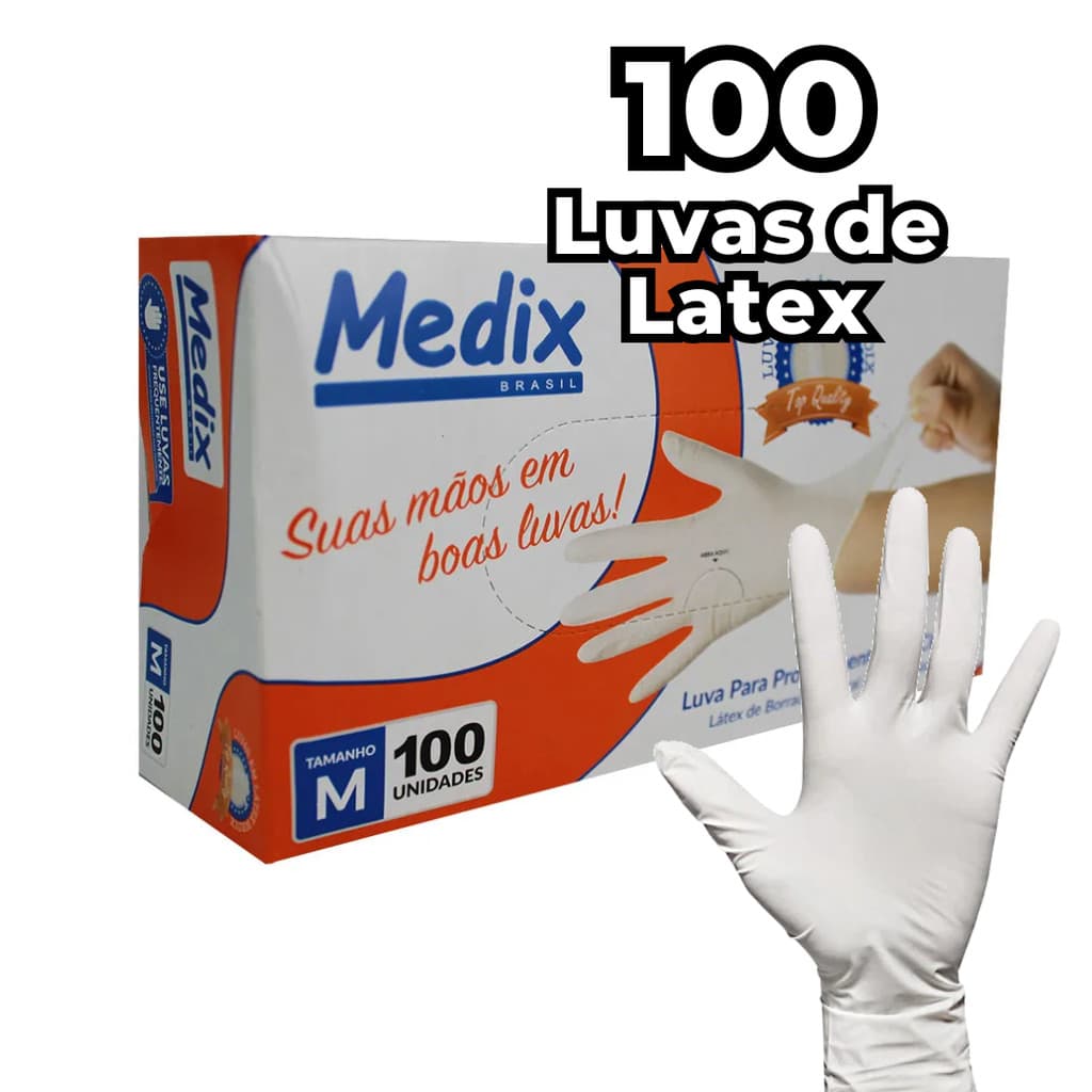Luva Descartável Látex com Pó Caixa 100un Branca, Ambidestra, Não Estéril Medix Tamanhos PP/P/M/G