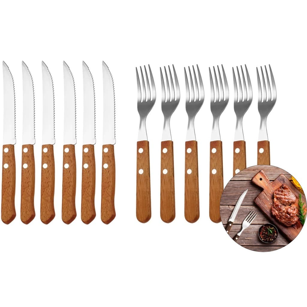 Jogo de Talheres Cozinha Aço Inox Talher Faca Garfo Grande Cabo Madeira de Serrilhada Faqueiro