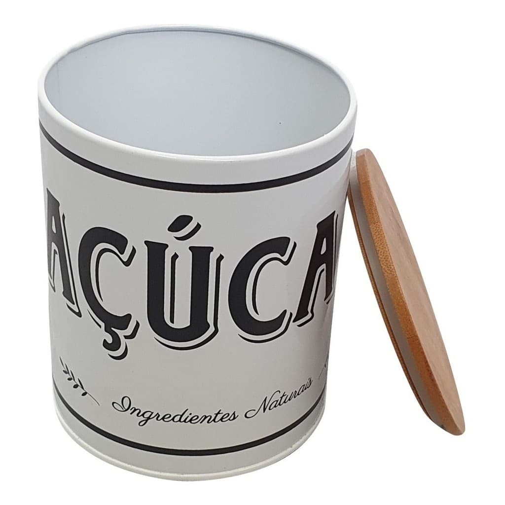 Lata De Metal Mantimento Açúcar Cor Branco Tampa Bambu