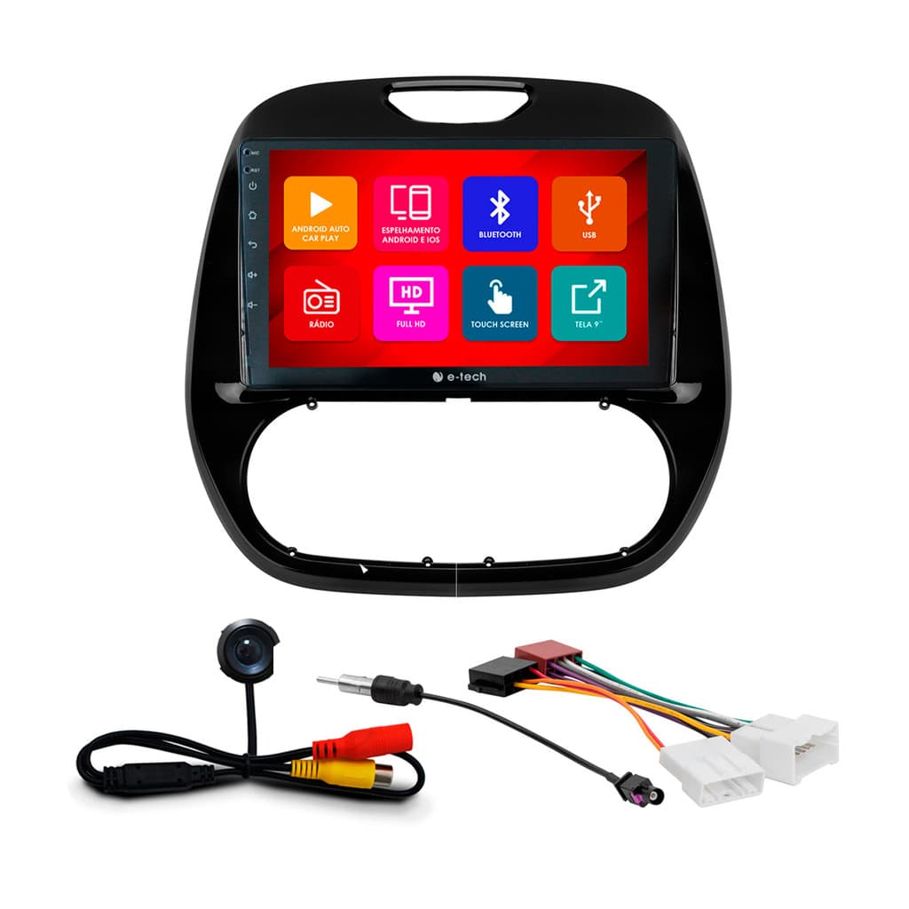 Kit Multimídia 9 Pol Captur Ar Digital 2018 2019 20 21 2022 2023 Android Auto CarPlay Qa+ 2 Din Black Piano Espelhamento