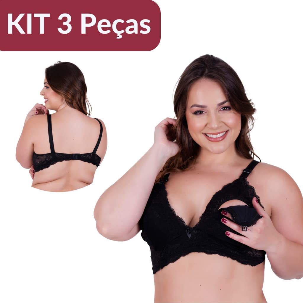 Kit 3 Sutiãs Amamentação Plus Size Renda | Suporte Reforçado, Abertura Frontal e Conforto Total 🤱💖
