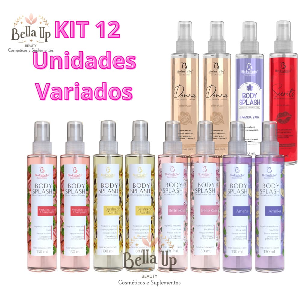 KIT 12 BODY SPLASH BIO INSTINTO DESODORANTE COLONIA PERFUME CORPORAL morango, vanilla, secret, donna