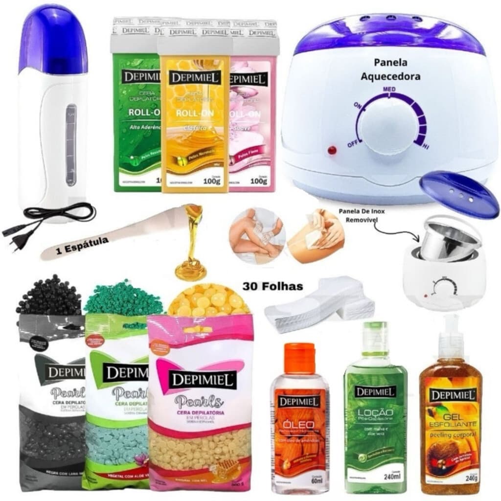 Kit Panela de Cera Quente+ Depilador Rollon Aquecedor+ Refil de Cera+ Folha de Depilação+ Cera 500g