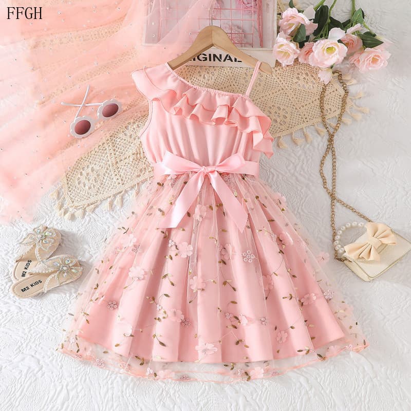 Vestido de Menina Bebê Crianças 8-12 Anos Moda Verão Sem Mangas Ombros Descidos Recortes Rendas Bordados Florais Tule Ve