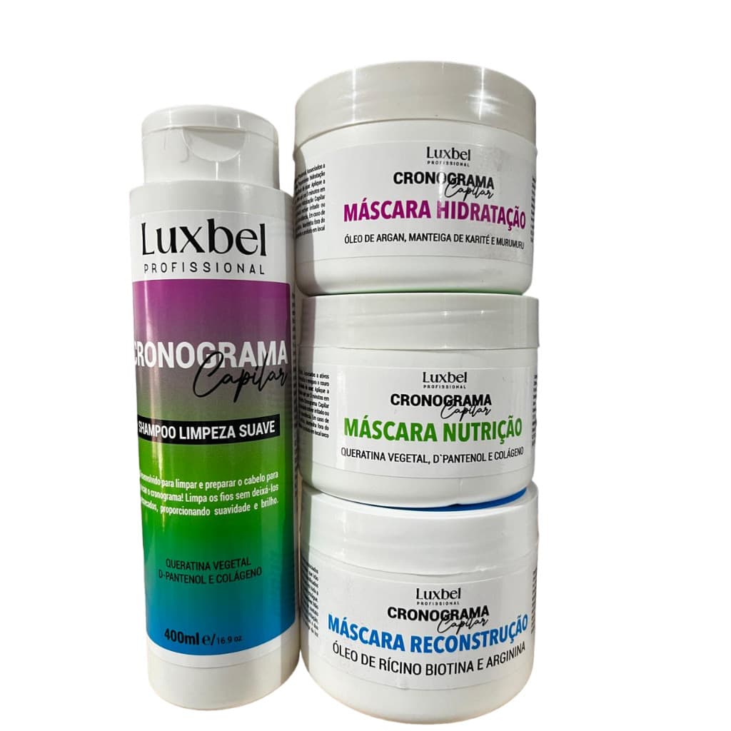 KIT CRONOGRAMA CAPILAR (Máscara Nutrição + Máscara Reconstrução + Máscara Hidratação + Shampoo )-LUXBEL PROFISSIONAL