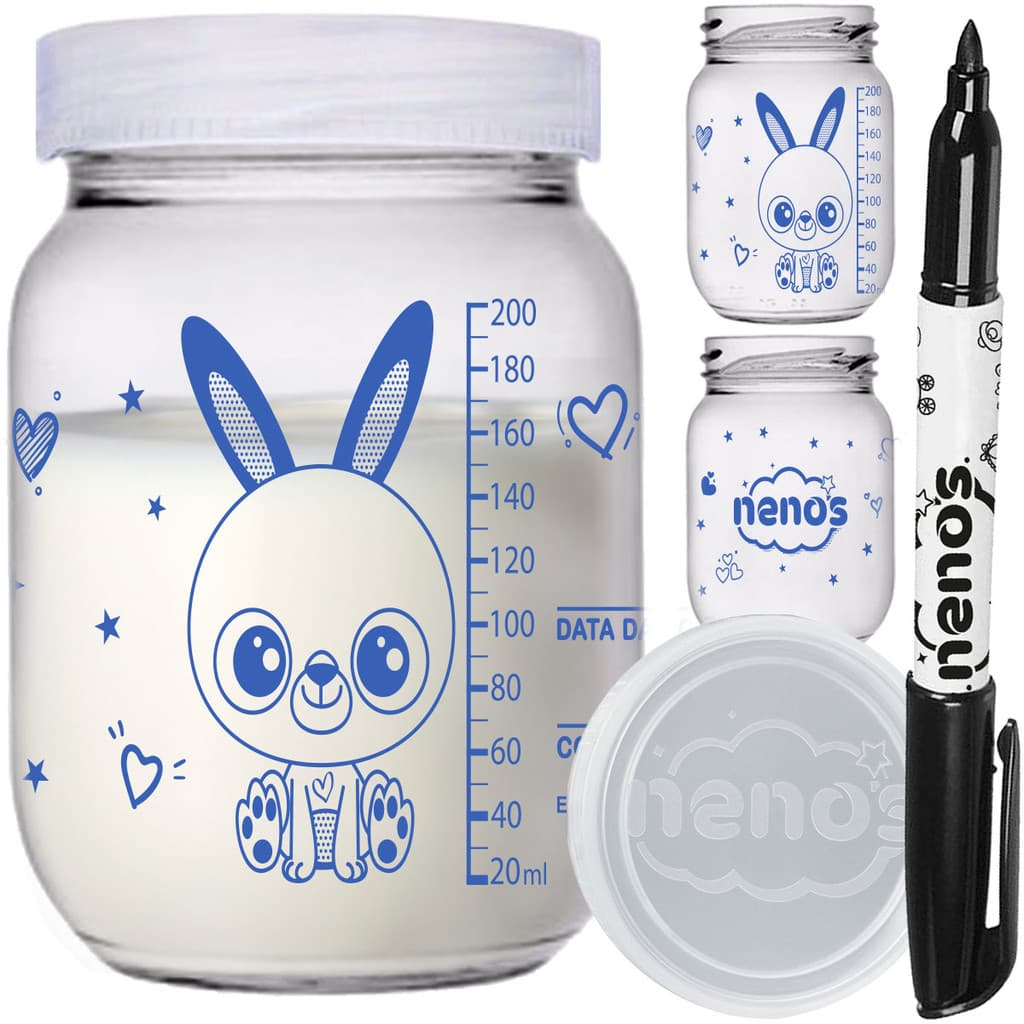 Potes de Vidro 267ml Armazenar Leite Materno ou Papinha, Tampa Plastica BPA-Free (Coelho)