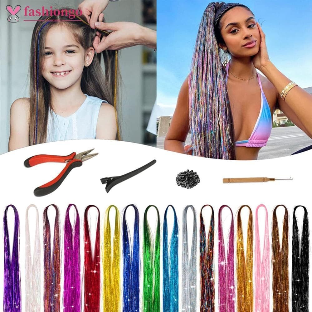 FASHIONGO Mulheres Tinsel Kit Glitter Perucas Um Clip-in Extensão De Cabelo Laser Fio Cor Destaque Tingido Sem Costura P