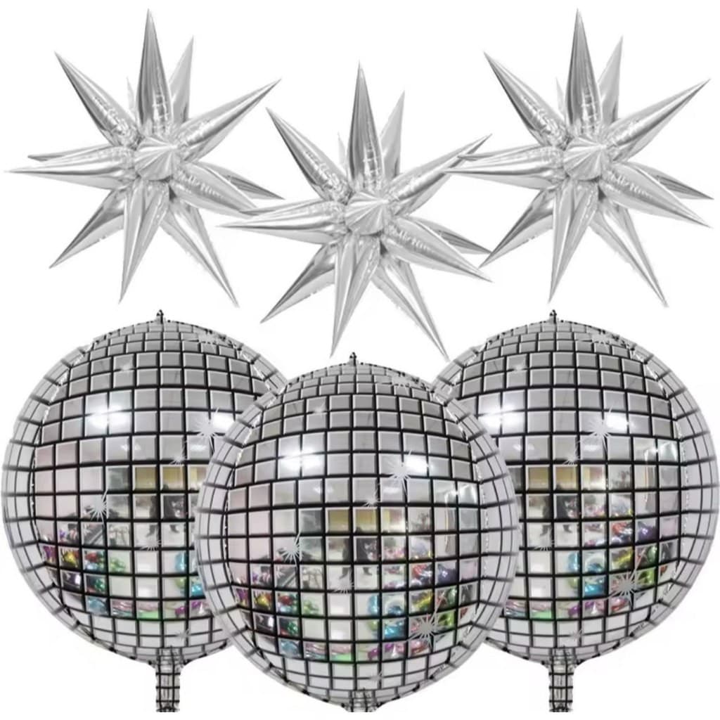 Kit c/ 3 Balão Globo Orbis Quadriculado Prateado 60cm + 3 Balão Estrela Sputnik Prata 50cm 14 Pontas