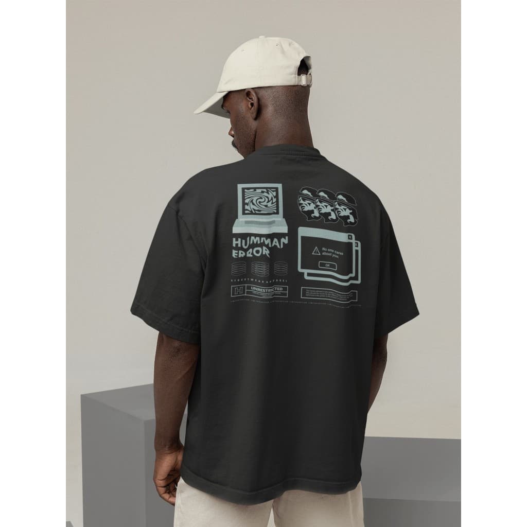 Camisa Camiseta Oversize Streetwear Masculino e Feminino Treino e Dia a Dia Preto e Off Whte Estampado - HUMAN ERROR