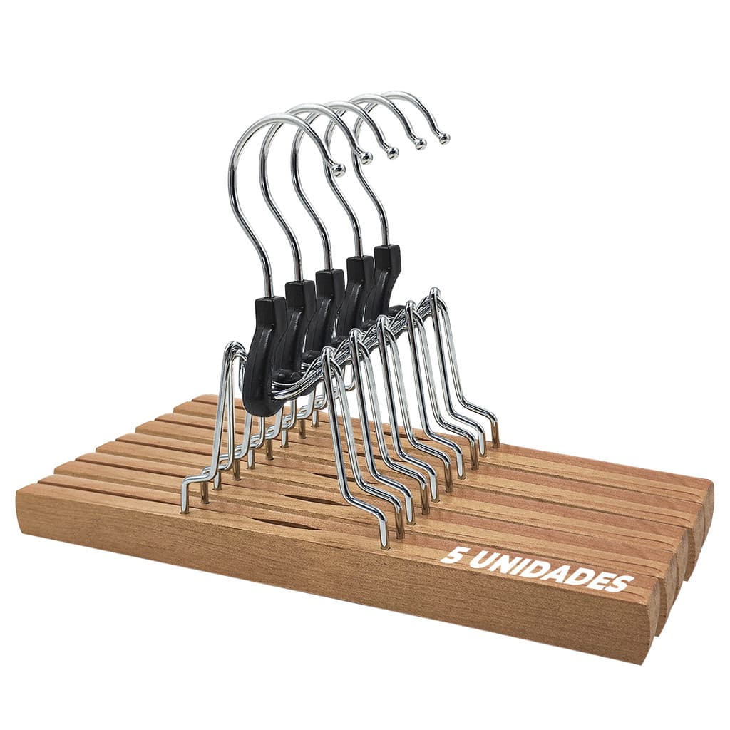 Kit 5 Cabides Madeira Clip Feltro 25cm Saias Anti Amassados