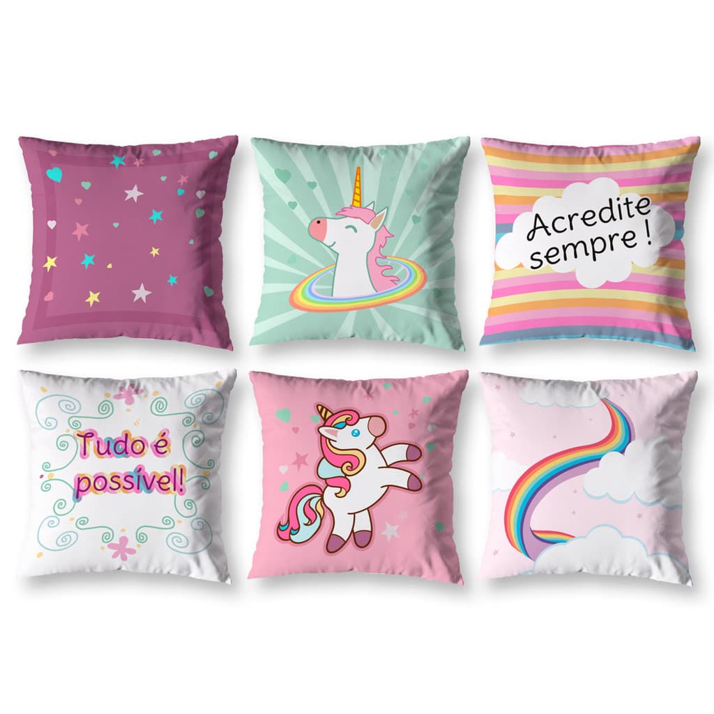 Kit 6 Almofadas Cheias 40cm x 40cm Infantil Quarto Capas Decorativas Estampadas Digital Com Refil
