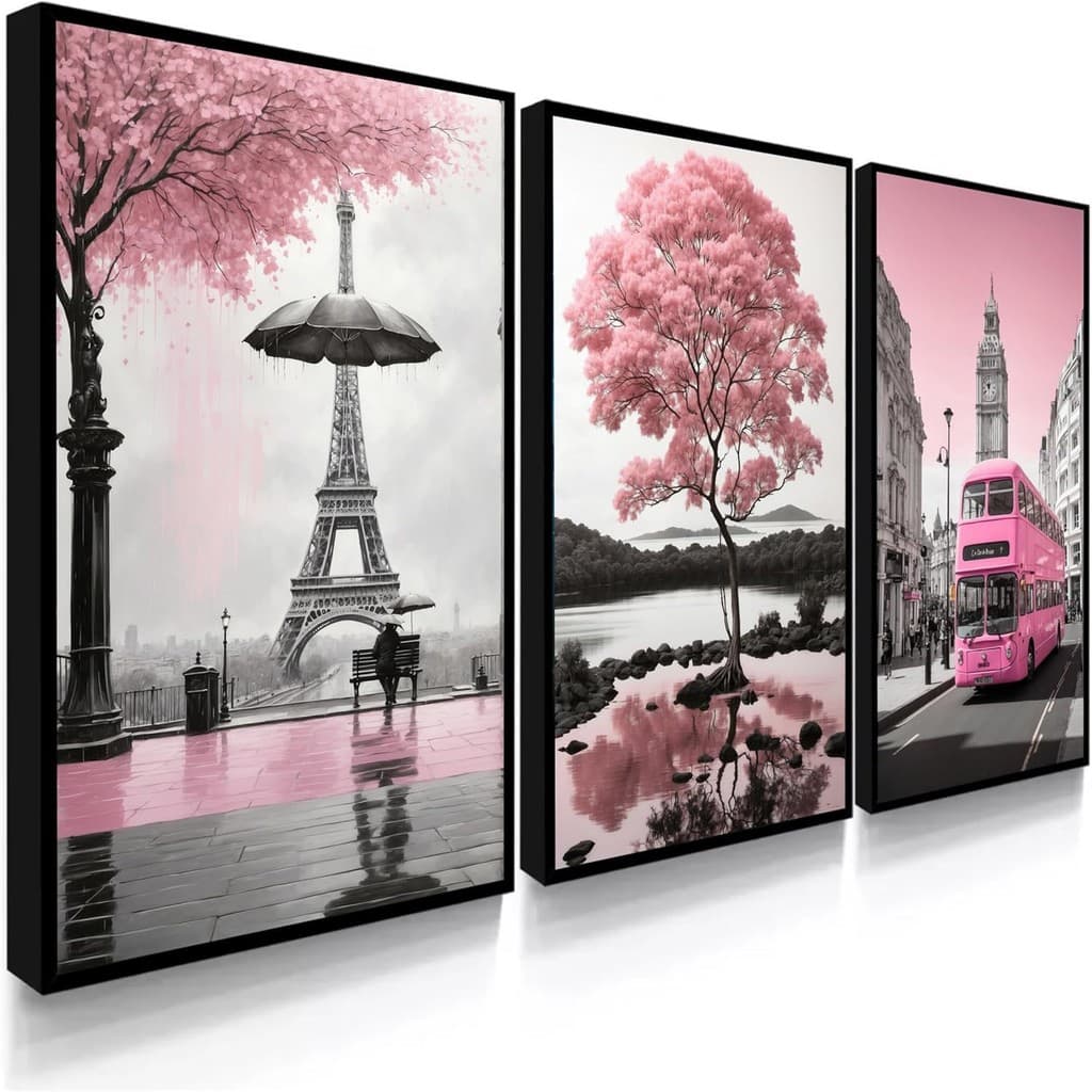 Quadros Decorativos Londres Árvore Da Vida Rosa Paris Torre Eiffel Decoração De Parede Para Sala De Estar