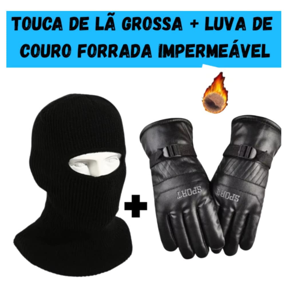 Kit Touca Ninja Balaclava + Luva De Couro Impermeável Térmica Motoqueiro Motociclista
